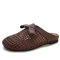 Versatile woven closed-toe sandals with bow and hollow-out design, new summer breathable soft-soled women's sandals