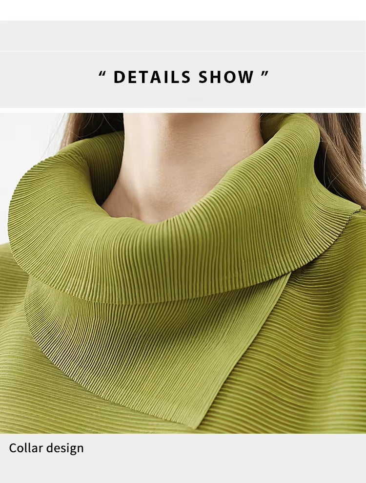 Pleated High Collar Lantern Sleeve Tops Wide Leg Pants Women Spring Causal Two Piece Sets Natalia Home Fashion    Natalia Home Fashion