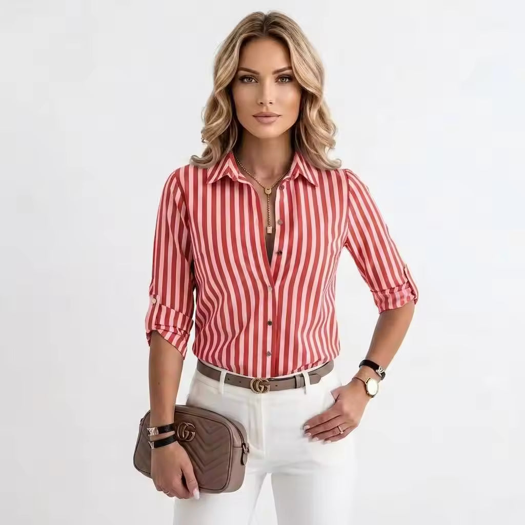 Women's Long Sleeve Striped Button-Up Shirt with Classic Lapel Collar and Curved Hem - Casual Office Wear Tops