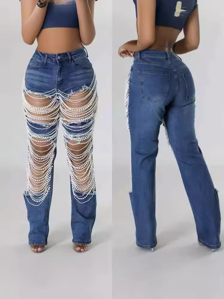 Heavy Duty Denim Jeans Women's High Waist High Elasticity Hole Punching Beading Long Pants Trendy Spicy Girl Style