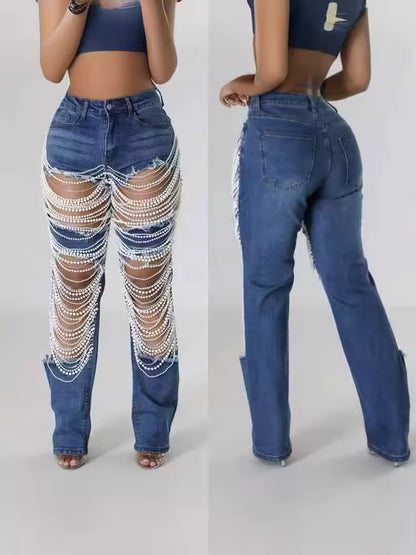 Heavy Duty Denim Jeans Women's High Waist High Elasticity Hole Punching Beading Long Pants Trendy Spicy Girl Style
