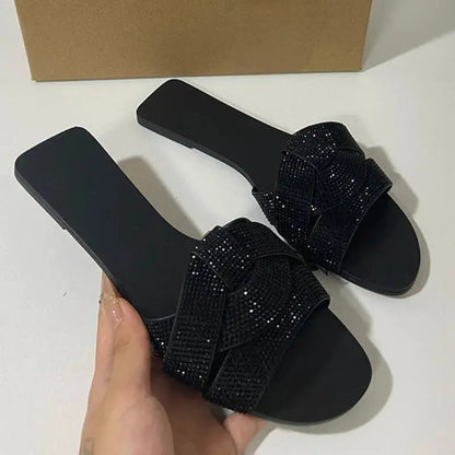 Designer Summer Flat Women's Slippers Shining Diamond Decoration Open Toe Indoor and Outdoor Walk Ladies Slides Natalia Home Fashion    Natalia Home Fashion