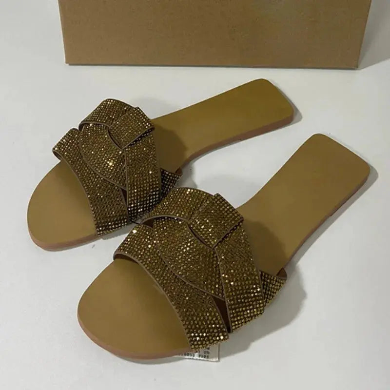 Designer Summer Flat Women's Slippers Shining Diamond Decoration Open Toe Indoor and Outdoor Walk Ladies Slides Natalia Home Fashion    Natalia Home Fashion