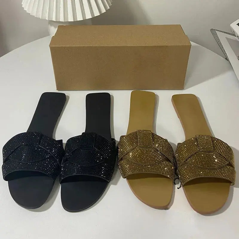 Designer Summer Flat Women's Slippers Shining Diamond Decoration Open Toe Indoor and Outdoor Walk Ladies Slides Natalia Home Fashion    Natalia Home Fashion