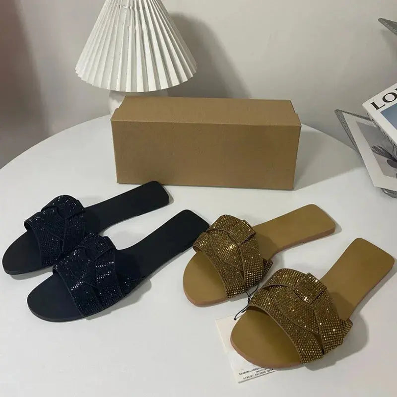 Designer Summer Flat Women's Slippers Shining Diamond Decoration Open Toe Indoor and Outdoor Walk Ladies Slides Natalia Home Fashion    Natalia Home Fashion