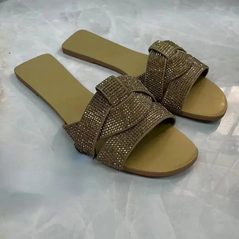 Designer Summer Flat Women's Slippers Shining Diamond Decoration Open Toe Indoor and Outdoor Walk Ladies Slides Natalia Home Fashion    Natalia Home Fashion