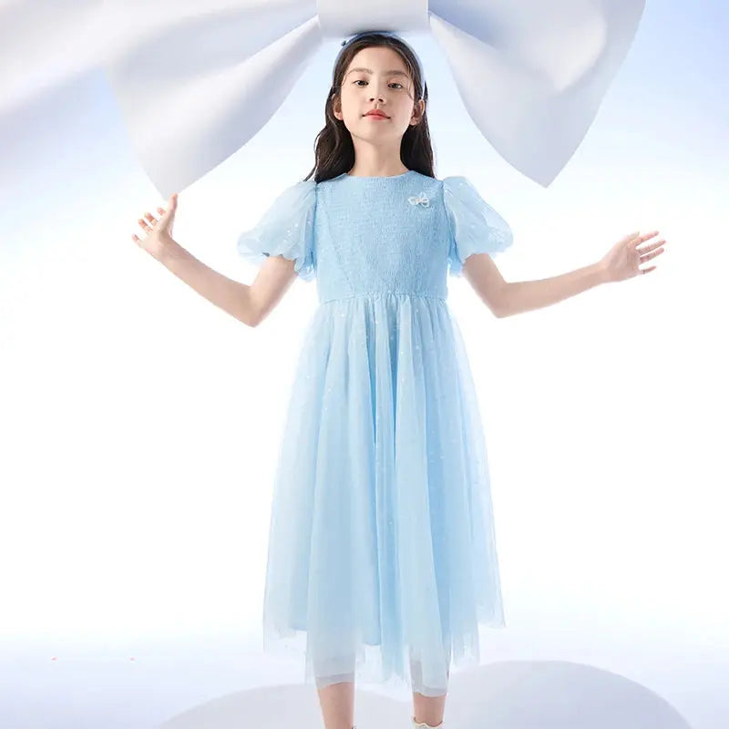 Dress Girls Children Dress New Style Preteen Mesh Skirt Sweet Bubble Sleeves Natalia Home Fashion   Blue-5-6-120cm Natalia Home Fashion