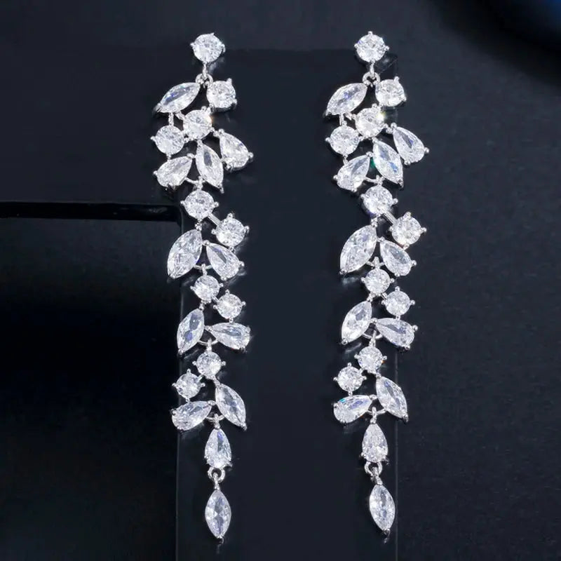 Elegant Shiny White Cubic Zirconia Long Leaf Dangle Earrings for Women Bridal Wedding Engagement Party Jewelry Natalia Home Fashion    Natalia Home Fashion