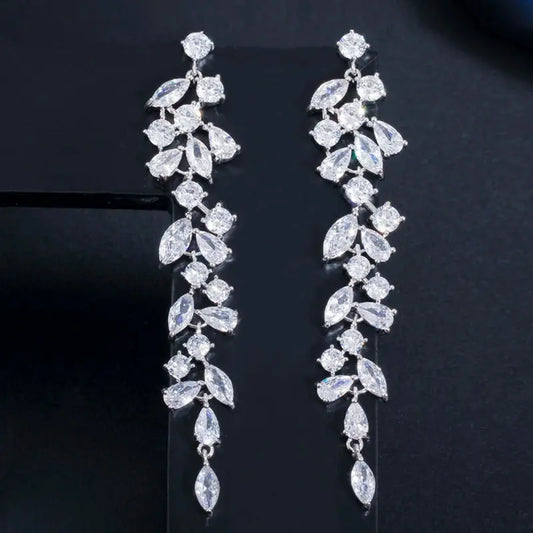 Elegant Shiny White Cubic Zirconia Long Leaf Dangle Earrings for Women Bridal Wedding Engagement Party Jewelry Natalia Home Fashion    Natalia Home Fashion