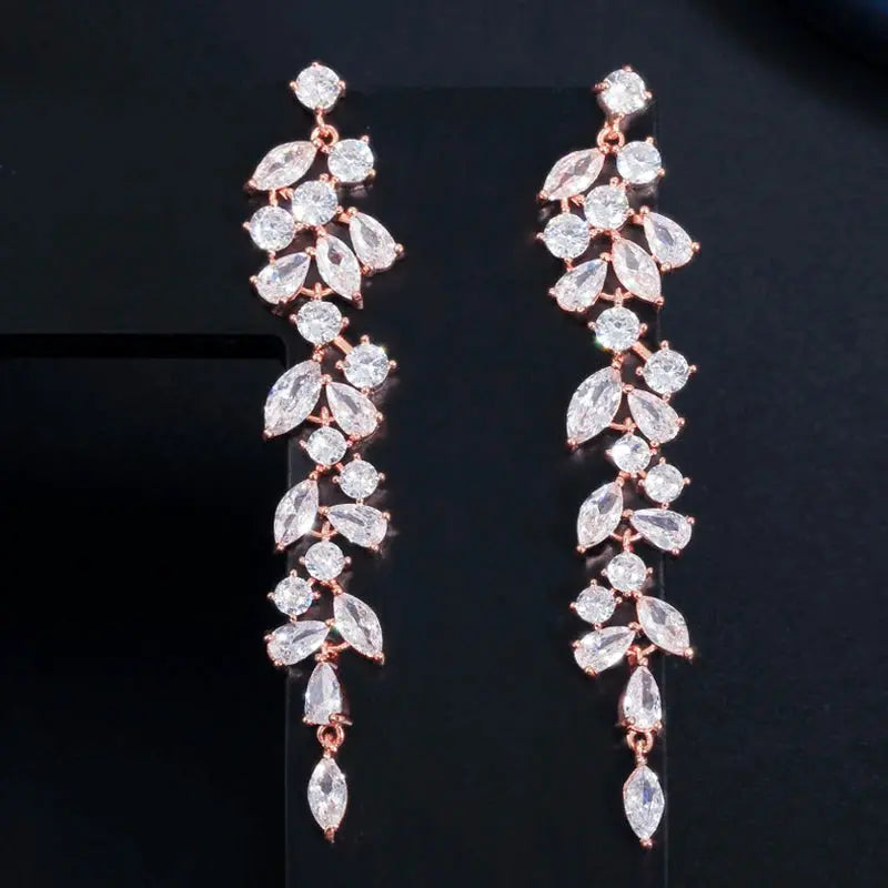 Elegant Shiny White Cubic Zirconia Long Leaf Dangle Earrings for Women Bridal Wedding Engagement Party Jewelry Natalia Home Fashion    Natalia Home Fashion