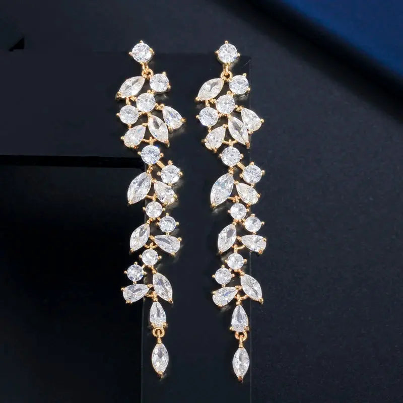 Elegant Shiny White Cubic Zirconia Long Leaf Dangle Earrings for Women Bridal Wedding Engagement Party Jewelry Natalia Home Fashion    Natalia Home Fashion