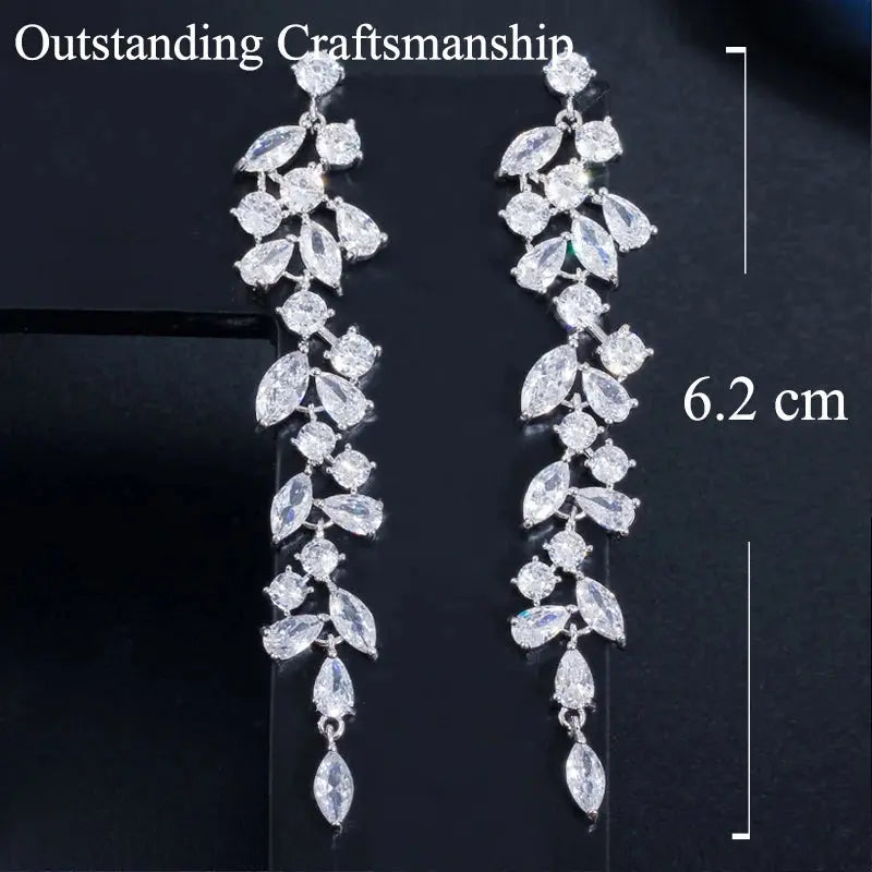 Elegant Shiny White Cubic Zirconia Long Leaf Dangle Earrings for Women Bridal Wedding Engagement Party Jewelry Natalia Home Fashion    Natalia Home Fashion