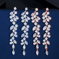 Elegant Shiny White Cubic Zirconia Long Leaf Dangle Earrings for Women Bridal Wedding Engagement Party Jewelry Natalia Home Fashion    Natalia Home Fashion