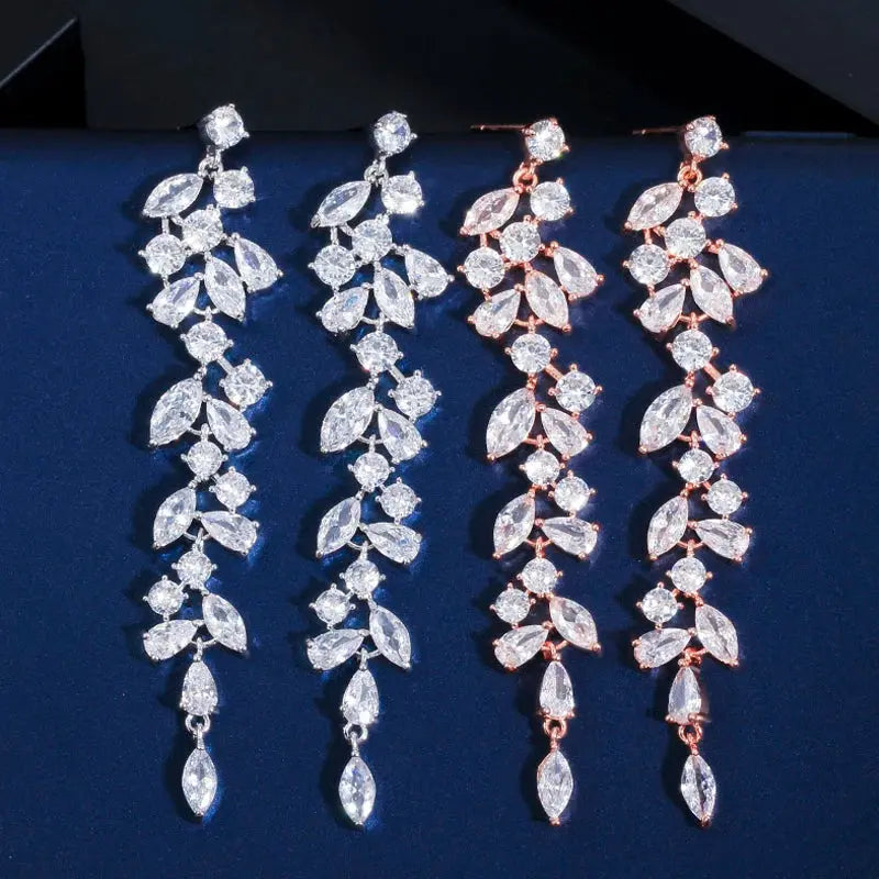 Elegant Shiny White Cubic Zirconia Long Leaf Dangle Earrings for Women Bridal Wedding Engagement Party Jewelry Natalia Home Fashion    Natalia Home Fashion