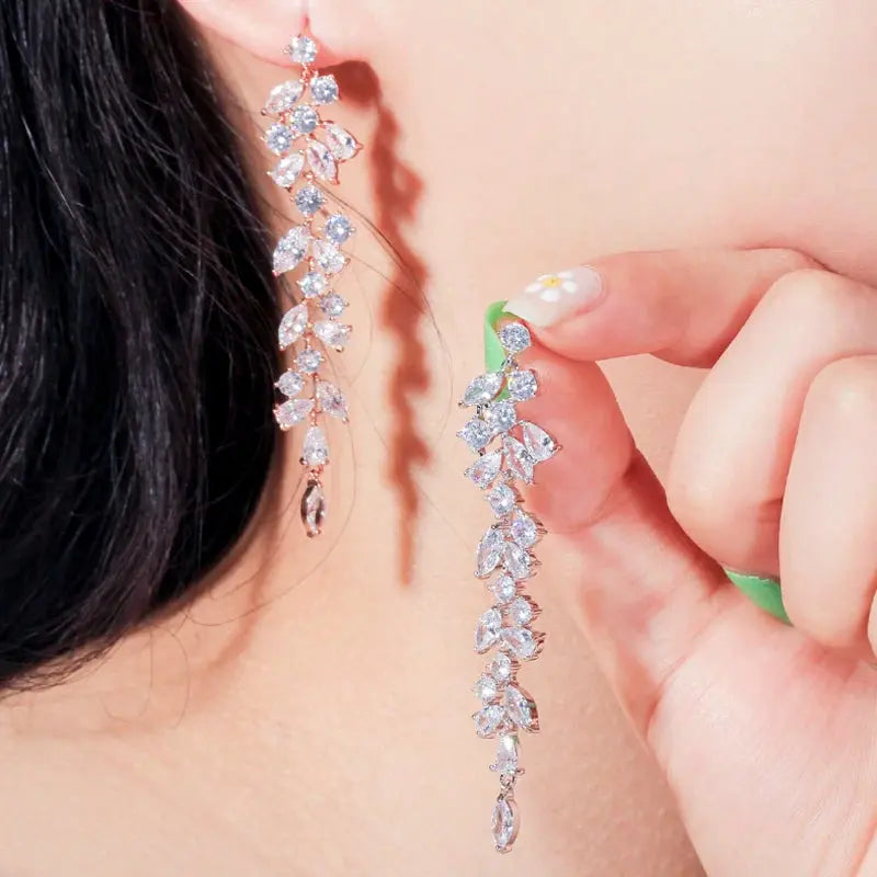 Elegant Shiny White Cubic Zirconia Long Leaf Dangle Earrings for Women Bridal Wedding Engagement Party Jewelry Natalia Home Fashion    Natalia Home Fashion