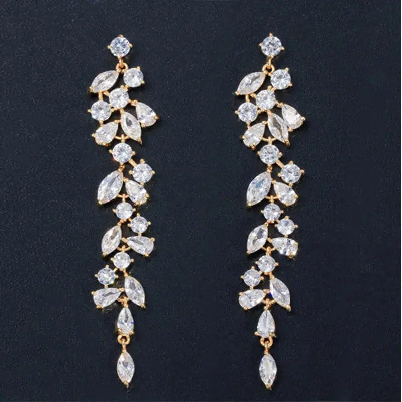 Elegant Shiny White Cubic Zirconia Long Leaf Dangle Earrings for Women Bridal Wedding Engagement Party Jewelry Natalia Home Fashion   Gold-Color Natalia Home Fashion