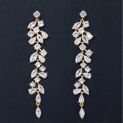 Elegant Shiny White Cubic Zirconia Long Leaf Dangle Earrings for Women Bridal Wedding Engagement Party Jewelry Natalia Home Fashion   Gold-Color Natalia Home Fashion