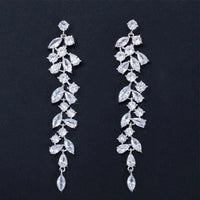 Elegant Shiny White Cubic Zirconia Long Leaf Dangle Earrings for Women Bridal Wedding Engagement Party Jewelry Natalia Home Fashion   Silver-Color Natalia Home Fashion