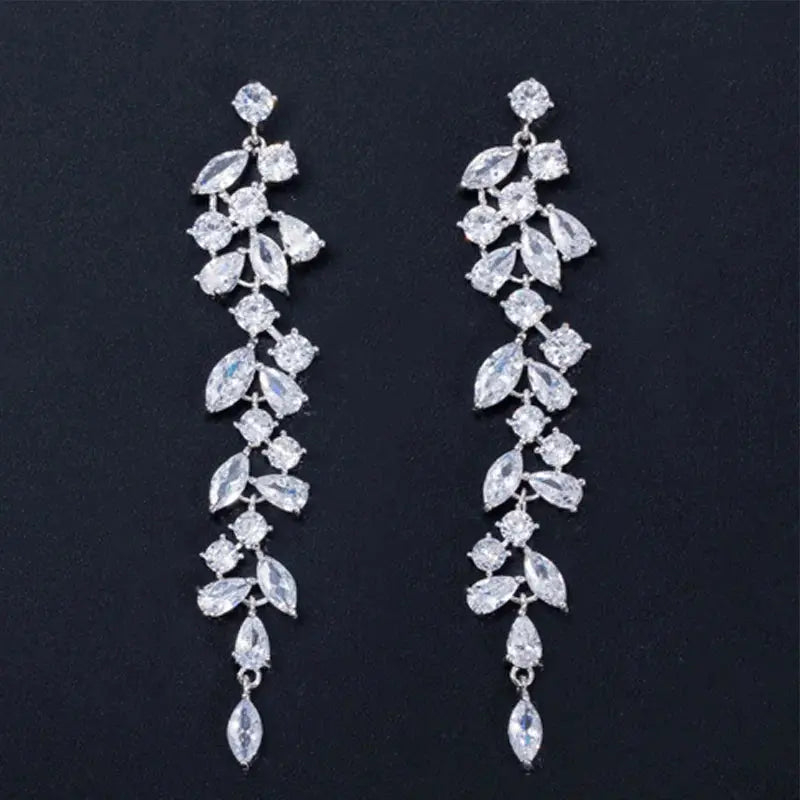 Elegant Shiny White Cubic Zirconia Long Leaf Dangle Earrings for Women Bridal Wedding Engagement Party Jewelry Natalia Home Fashion   Silver-Color Natalia Home Fashion
