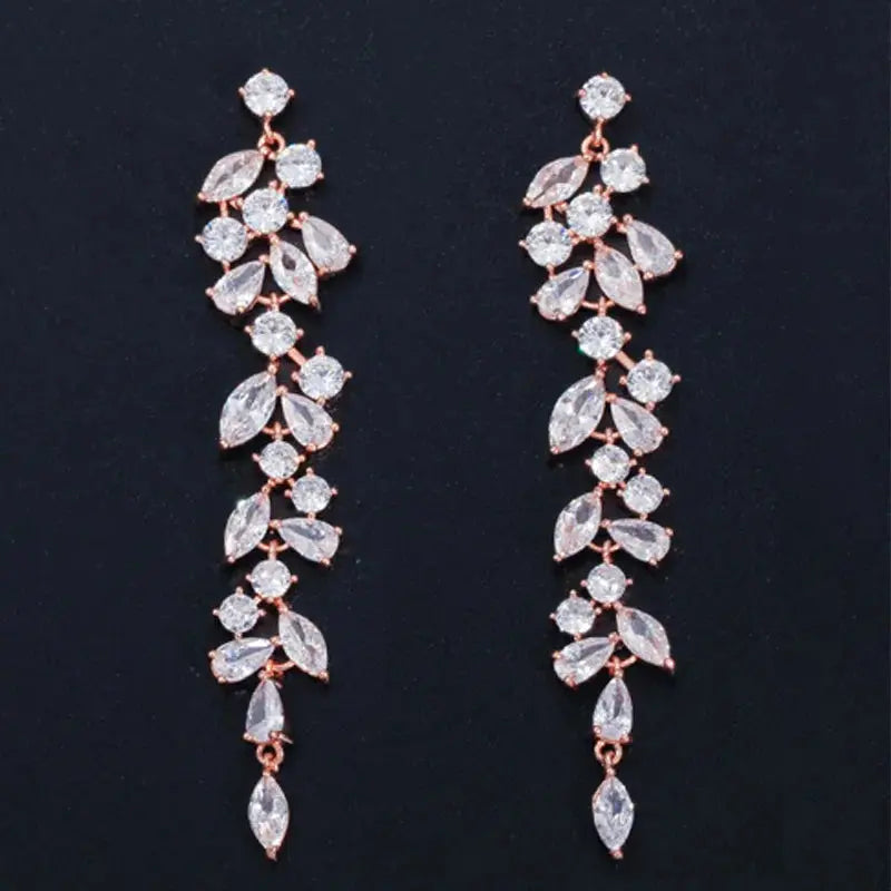 Elegant Shiny White Cubic Zirconia Long Leaf Dangle Earrings for Women Bridal Wedding Engagement Party Jewelry Natalia Home Fashion   Rose-Gold-Color Natalia Home Fashion