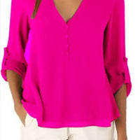 Explosive Models Women's Fashion Loose Pure Color Chiffon Tops Casual Long Sleeve V-neck Blouse Women Boutique Clothes My Store