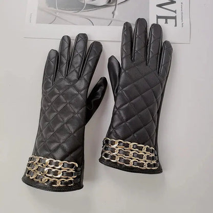Fashion Chain Women' PU Leather Gloves Winter Warm Plus Velvet Thicken Full Finger Outdoor Riding Touch Screen Driving Mittens Natalia Home Fashion    Natalia Home Fashion