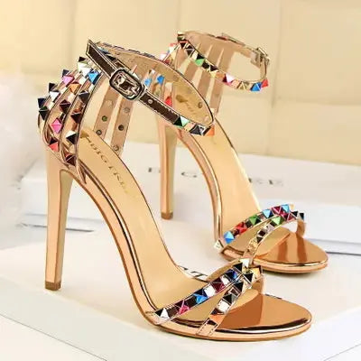 Fashion Colorful Bling Crystal Reflective Lady Sexy Metal Stud Rivet Glitter Women Sandal Heels for Ladies My Store