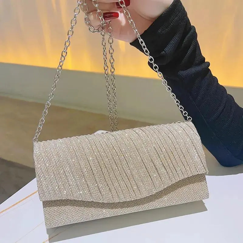 Fashion Shell Shape Evening Bags Metallic Chains Ruffles Elegant Sling Bags For Women Messenger Shoulder Bags My Store