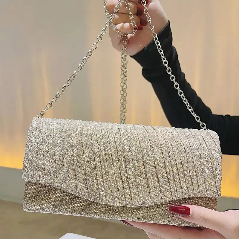 Fashion Shell Shape Evening Bags Metallic Chains Ruffles Elegant Sling Bags For Women Messenger Shoulder Bags My Store