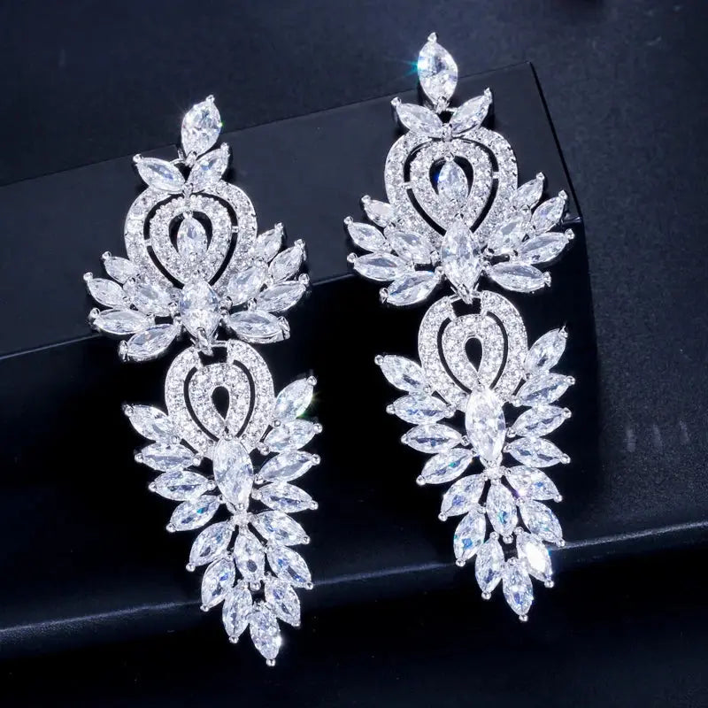 Fashion Shiny Cubic Zirconia Long Leaf Drop Earrings for Women Trendy Bridal Party Dress Jewelry Natalia Home Fashion    Natalia Home Fashion