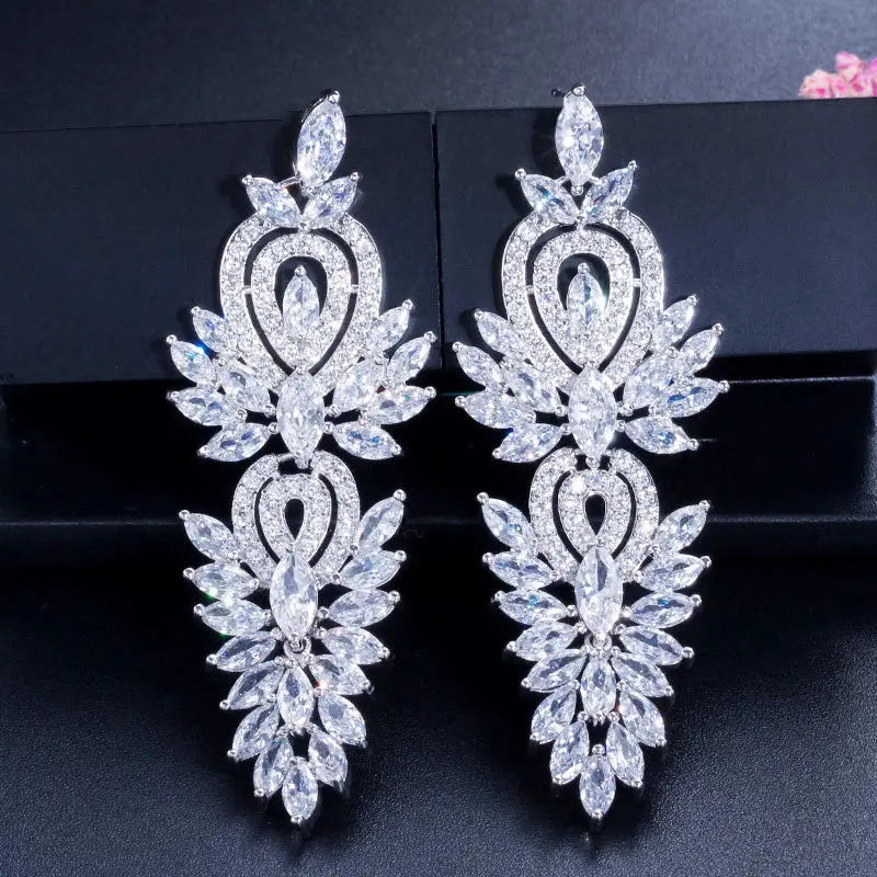 Fashion Shiny Cubic Zirconia Long Leaf Drop Earrings for Women Trendy Bridal Party Dress Jewelry Natalia Home Fashion    Natalia Home Fashion