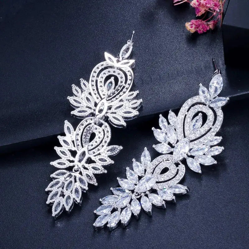 Fashion Shiny Cubic Zirconia Long Leaf Drop Earrings for Women Trendy Bridal Party Dress Jewelry Natalia Home Fashion    Natalia Home Fashion
