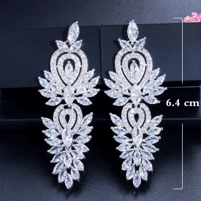 Fashion Shiny Cubic Zirconia Long Leaf Drop Earrings for Women Trendy Bridal Party Dress Jewelry Natalia Home Fashion    Natalia Home Fashion