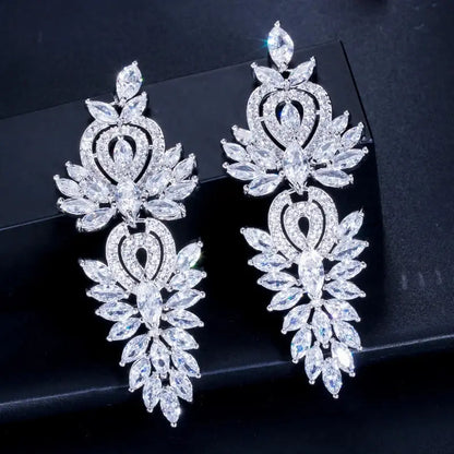 Fashion Shiny Cubic Zirconia Long Leaf Drop Earrings for Women Trendy Bridal Party Dress Jewelry Natalia Home Fashion   Silver-Color Natalia Home Fashion