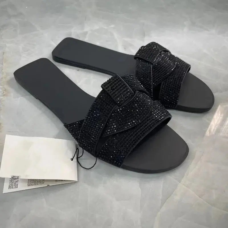 Flat Women's Slippers Shining Diamond Decoration Open Toe Beach Shoes Outdoor Walk Ladies Slides Natalia Home Fashion    Natalia Home Fashion