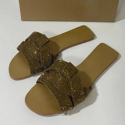 Flat Women's Slippers Shining Diamond Decoration Open Toe Beach Shoes Outdoor Walk Ladies Slides Natalia Home Fashion   Brown-42 Natalia Home Fashion