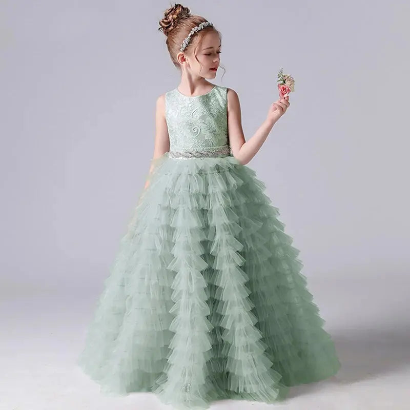 Flower Girl Dresses Tulle Appliques Tiered Long Skirt Sleeveless For Wedding Birthday Party Banquet Princess Gowns Natalia Home Fashion   Green-child-3 Natalia Home Fashion