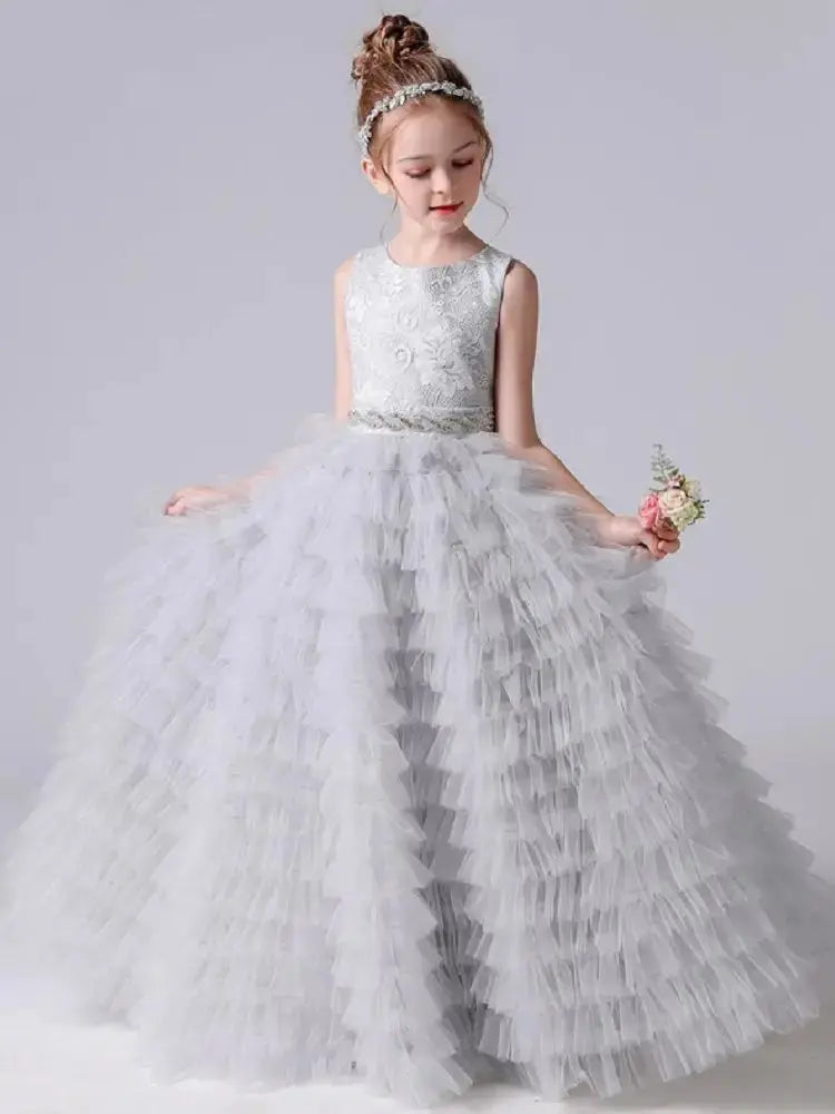 Flower Girl Dresses Tulle Appliques Tiered Long Skirt Sleeveless For Wedding Birthday Party Banquet Princess Gowns Natalia Home Fashion   Gray-child-3 Natalia Home Fashion