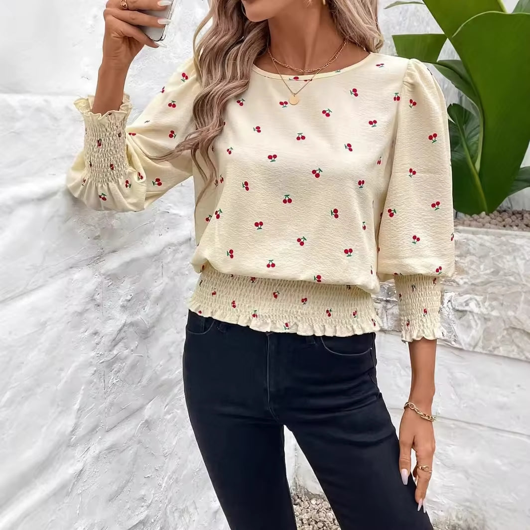 Women's Loose T-shirt Spring and Autumn New Solid Color Long-sleeved Lotus Leaf Sleeve Crew Neck Top Natalia Home Fashion    Natalia Home Fashion