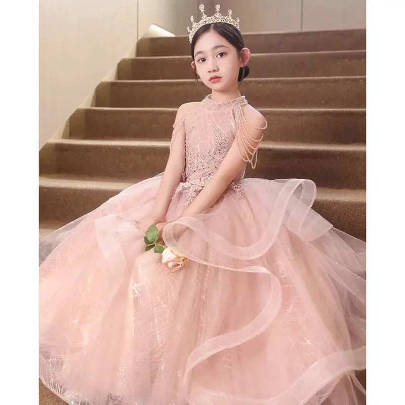 Formal Pink Bride maid Dresses For Girls Evening Elegant Sequin Tulle Flower Princess Wedding Party Dress Birthday Prom Costume Natalia Home Fashion    Natalia Home Fashion
