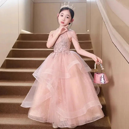 Formal Pink Bride maid Dresses For Girls Evening Elegant Sequin Tulle Flower Princess Wedding Party Dress Birthday Prom Costume Natalia Home Fashion    Natalia Home Fashion