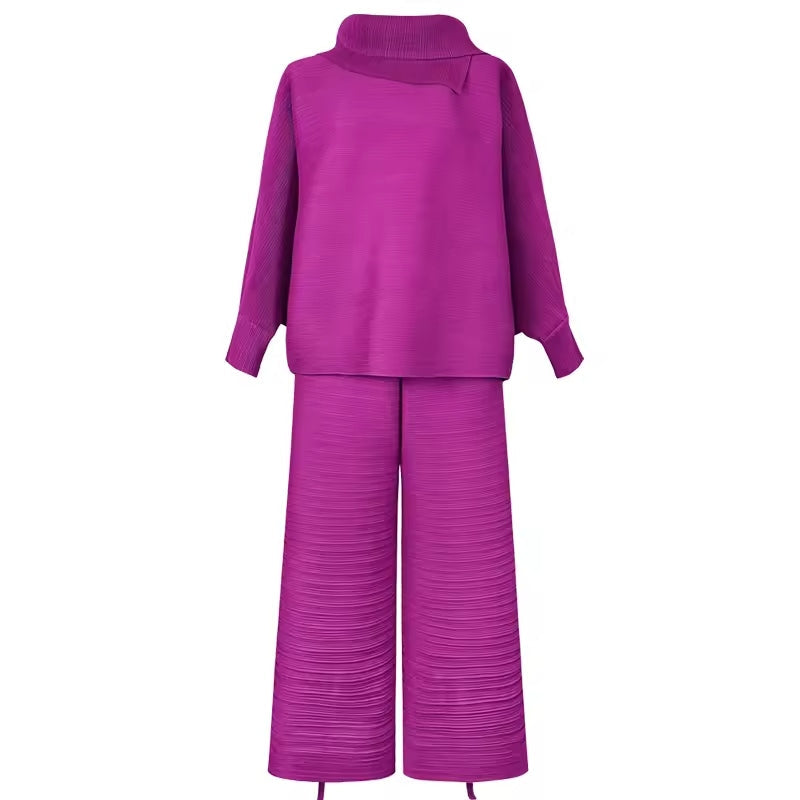 Pleated High Collar Lantern Sleeve Tops Wide Leg Pants Women Spring Causal Two Piece Sets Natalia Home Fashion    Natalia Home Fashion