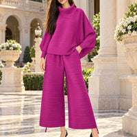 Pleated High Collar Lantern Sleeve Tops Wide Leg Pants Women Spring Causal Two Piece Sets Natalia Home Fashion    Natalia Home Fashion