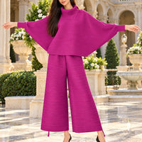 Pleated High Collar Lantern Sleeve Tops Wide Leg Pants Women Spring Causal Two Piece Sets Natalia Home Fashion    Natalia Home Fashion