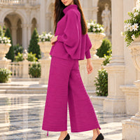 Pleated High Collar Lantern Sleeve Tops Wide Leg Pants Women Spring Causal Two Piece Sets Natalia Home Fashion    Natalia Home Fashion
