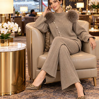 Casual Knitted Half-High Collar Sweater And Pants Set Real Fox Shoulder Patches  Style Comfortable Lazy Style Natalia Home Fashion    Natalia Home Fashion