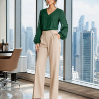 Women Blouses Shirts Lady Casual V-Neck Long Lantern Sleeve Solid Color Blouse Tops Natalia Home Fashion    Natalia Home Fashion