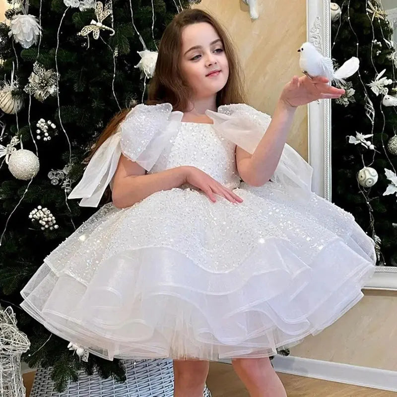 Girl's dresses for formal occasions Big Bow and Fluffy Ballet Performance prom dress Birthday Girl's Princess Dress Natalia Home Fashion   WHITE-100-3T Natalia Home Fashion
