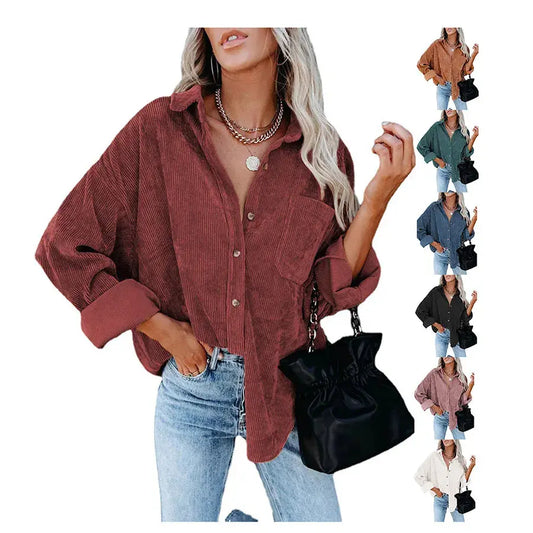 Girls Corduroy Shirt Fashion Long Sleeve Plain Button Ladies Blouse For Women Lady Casual My Store