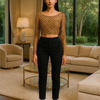 Women Plaids Sequined Embroidery Mesh Spliced T-shirt Slim High Waist Pearls Beaded Gauze Tees O-Neck Long Sleeved Crop Tops